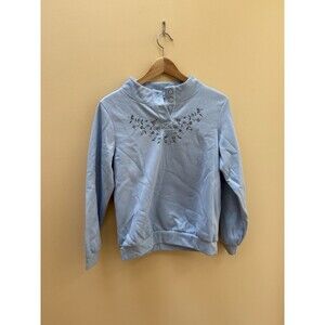 Vintage Blair Blue Grandma Sweater Sweatshirt Embroidered Flowers Small Buttons